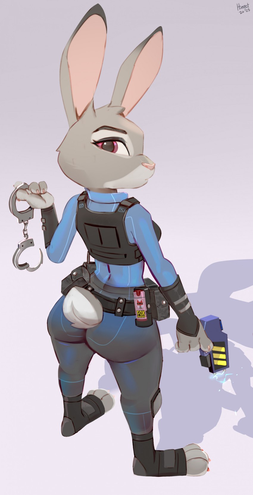 anthro armor big_butt body_armor bottomwear breasts butt clothing cuff_(restraint) ears_up electroshock_weapon female fur grey_body grey_fur handcuffs holding_object holding_weapon looking_at_viewer looking_back metal_cuffs police police_uniform purple_eyes restraints scut_tail shadow short_tail small_breasts solo tail taser thick_thighs tight_bottomwear tight_clothing uniform weapon wide_hips hinget disney zootopia judy_hopps european_rabbit lagomorph leporid mammal oryctolagus rabbit 2025 absurd_res digital_media_(artwork) hi_res signature