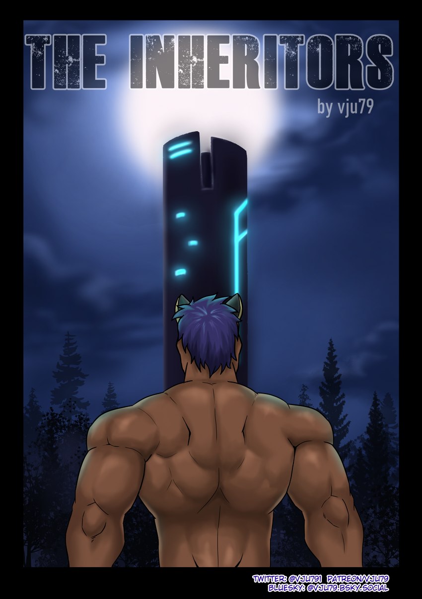 anthro back_muscles blue_hair brown_body hair male moon muscular muscular_anthro muscular_male outside plant rear_view sky solo text tower tree vju79 bluesky_(social_media) patreon twitter zudrec_(vju79) cougar felid feline human mammal artist_name comic cover cover_art cover_page english_text hi_res url