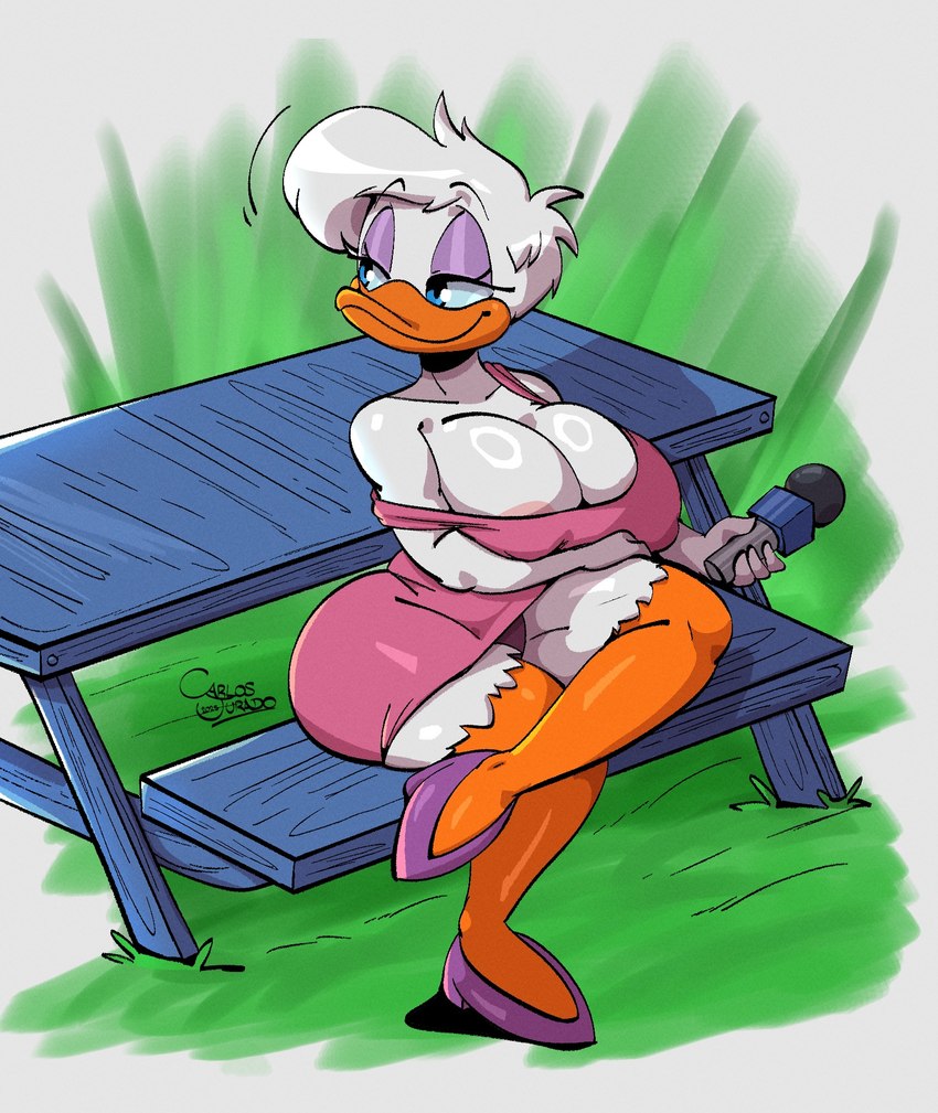 anthro areola areola_slip big_breasts biped blue_eyes breasts cleavage clothed clothing crossed_legs dress electronics eyelashes female footwear furniture glistening glistening_body hair holding_microphone holding_object huge_breasts microphone non-mammal_breasts outside panties pink_clothing pupils shoes sitting smile solo table thick_thighs three-quarter_view underwear white_body white_hair carlos_jurado_cartoons disney daisy_duck anatid anseriform avian bird duck hi_res