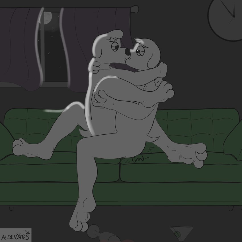 alcohol anal beverage cuddling dark detailed_background feet fur furniture inside kiss_on_lips kissing male male/male moon night nude on_sofa romantic sex sofa white_body white_fur aldenyates family_guy brian_griffin jasper_(family_guy) canid canine canis domestic_dog mammal 1:1 hi_res cousins_(lore) incest_(lore)