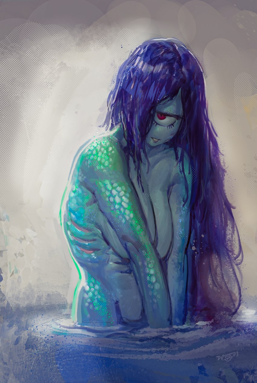 1_eye big_breasts breasts covering covering_breasts eyelashes female gills green_body green_scales grey_background grey_body grey_scales hair long_hair looking_at_viewer nude partially_submerged purple_hair red_eyes scales simple_background solo standing_in_water wide_hips specterwhite atlus megami_tensei sega sedna_(megami_tensei) animal_humanoid cyclops deity fish fish_humanoid humanoid marine marine_humanoid hi_res