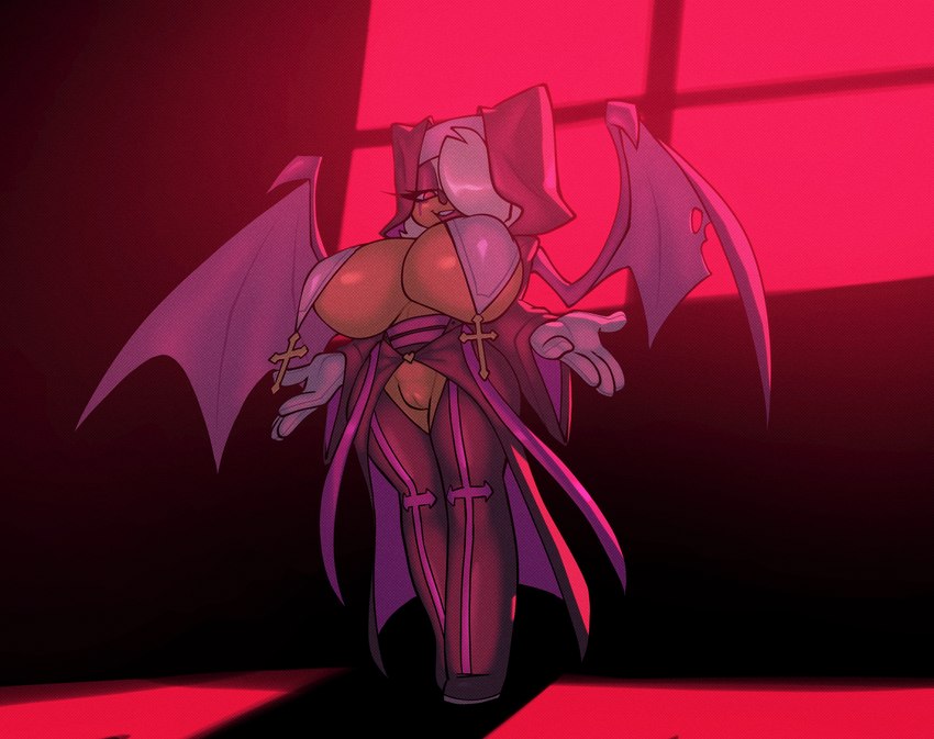 anthro big_breasts bottomless bottomless_anthro bottomless_female breasts clothed clothing cross cross_pendant exposed female genitals hair hair_over_eye huge_breasts narrowed_eyes nun one_eye_obstructed pussy solo wings bigdad sega sonic_the_hedgehog_(series) rouge_the_bat rouge_the_nun bat mammal 2023