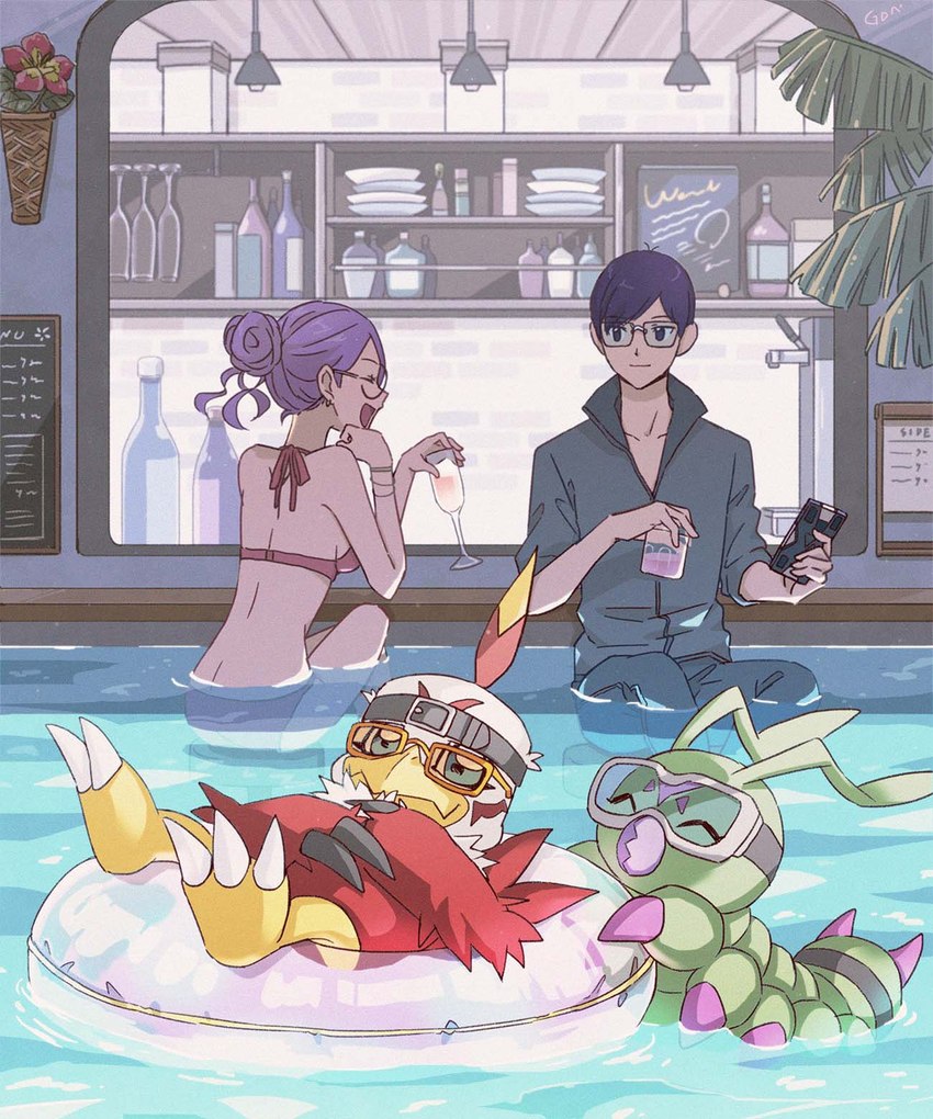 alcohol anthro beverage bikini brown_body brown_feathers cellphone clothing cocktail electronics eyewear feathers female feral glasses goggles green_body group hair larva male martini phone purple_hair segmented_body smartphone swim_ring swimming_pool swimwear two-piece_swimsuit gdn0522 bandai_namco digimon ken_ichijouji yolei_inoue arthropod avian bird caterpillar digimon_(species) hawkmon human insect mammal wormmon 5:6 hi_res