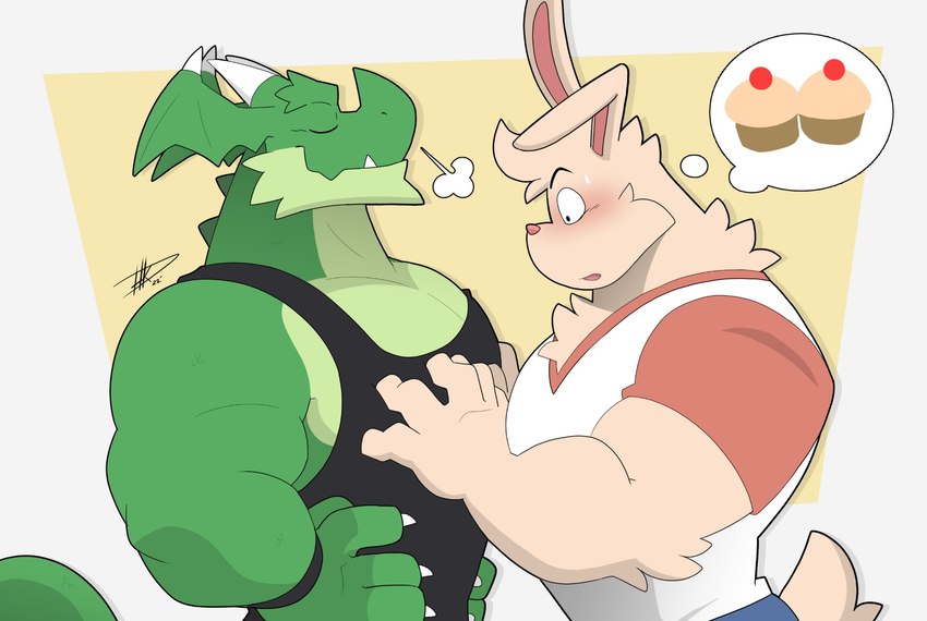 anthro blush claws clothing cupcake duo eyes_closed food green_body male muscular muscular_anthro muscular_male pec_grab pecs proud shirt tank_top teeth thought_bubble topwear hikazedragon mythology undertale_(series) rg01_(undertale) rg02_(undertale) dragon lagomorph leporid mammal mythological_creature mythological_scalie rabbit scalie hi_res