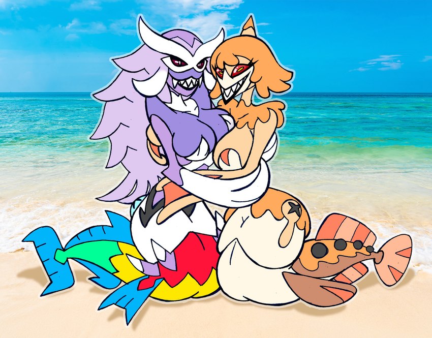 anthro beach big_breasts breast_squish breasts bright_colors carapace curvy_figure duo female female/female fin hug looking_at_viewer mermaid_tail parasite photo_background red_eyes sand sea seaside sharp_teeth squish tail tail_fin teeth toothy_smile water x_eyes x_pupils darksilvania fakemon nintendo pokemon animal_humanoid arthropod arthropod_humanoid crustacean crustacean_humanoid humanoid isopoda malacostracan marine marine_humanoid mermurror parascylla pokemon_(species) tongue-eating_louse hi_res photography_(artwork)