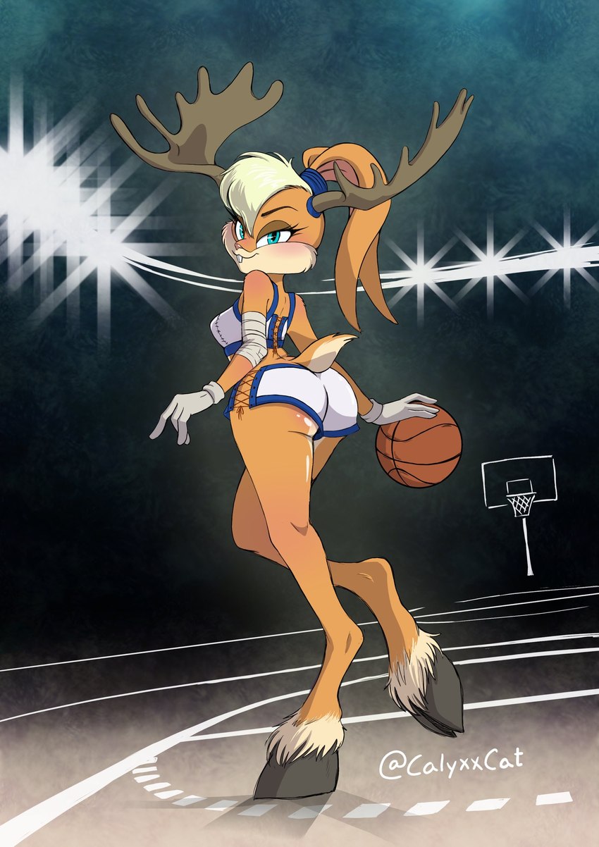 accessory antlers ball basketball_(ball) basketball_court basketball_hoop brown_body brown_fur buckteeth clothed clothing female fur gloves hair_accessory hairband handwear hooves horn lights solo sportswear tail teeth calyxxcat looney_tunes warner_brothers lola_bunny hare lagomorph leporid mammal hi_res