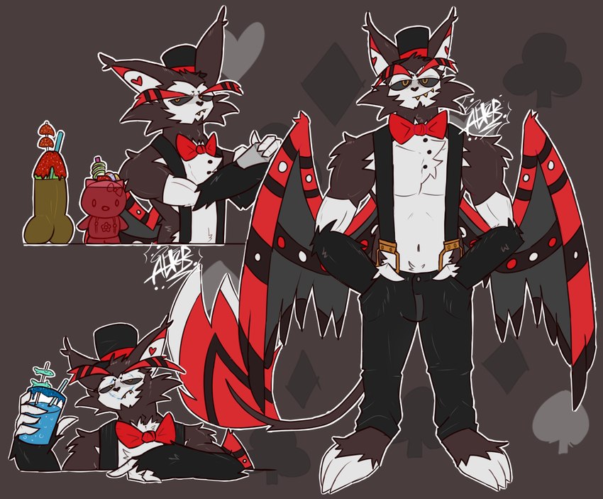 anthro bartender black_tie_(suit) clothing drunk grumpy humor joke looking_at_viewer male relaxing solo standing substance_intoxication suit altergott hazbin_hotel husk_(hazbin_hotel) felid feline mammal model_sheet