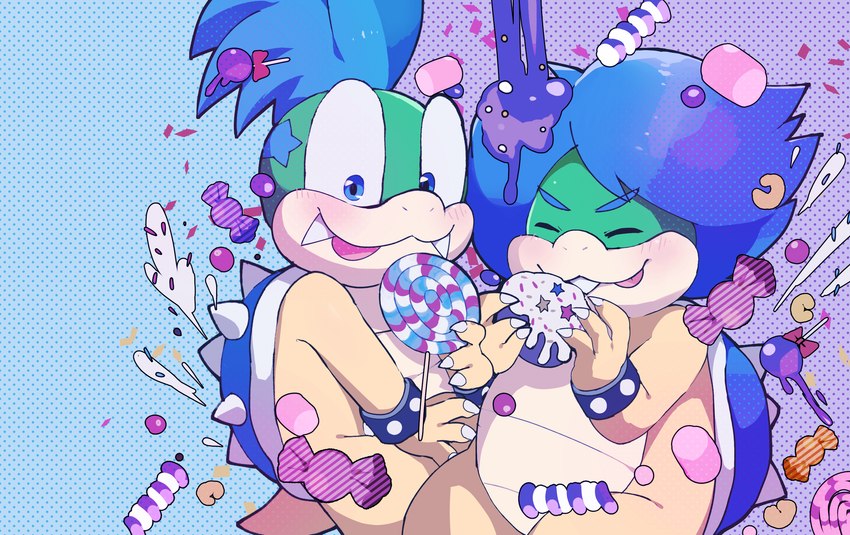 anthro blue_eyebrows blue_eyes blue_hair blue_shell blush bracelet candy dessert duo eyebrows eyes_closed fangs food hair jewelry male markings multicolored_body multicolored_scales scales shell spiked_bracelet spikes star_(marking) teeth zeso mario_bros nintendo koopaling larry_koopa ludwig_von_koopa koopa scalie hi_res brother_(lore) brothers_(lore) sibling_(lore)