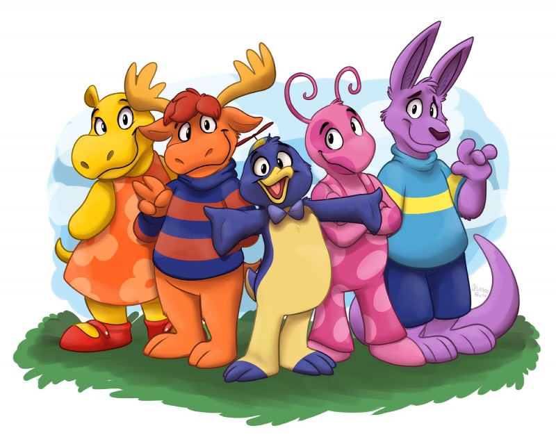 anthro bow_(feature) bow_tie female group male young orlandofox backyardigans cc-by-nc-nd creative_commons austin_(backyardigans) pablo_(backyardigans) tasha_(backyardigans) tyrone_(backyardigans) uniqua arthropod avian bird common_hippopotamus deer hippopotamid insect kangaroo macropod mammal marsupial moose new_world_deer penguin 2019 hi_res