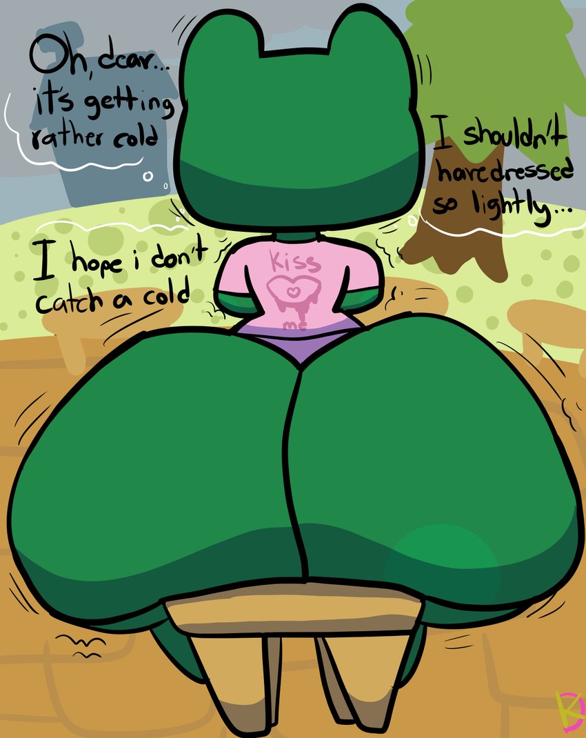 anthro big_butt bottomless bubble_butt butt butt_focus clothed clothing female huge_butt jiggling logo public rear_view short_stack sitting solo klutzatdusk animal_crossing nintendo jambette_(animal_crossing) amphibian frog hi_res signature