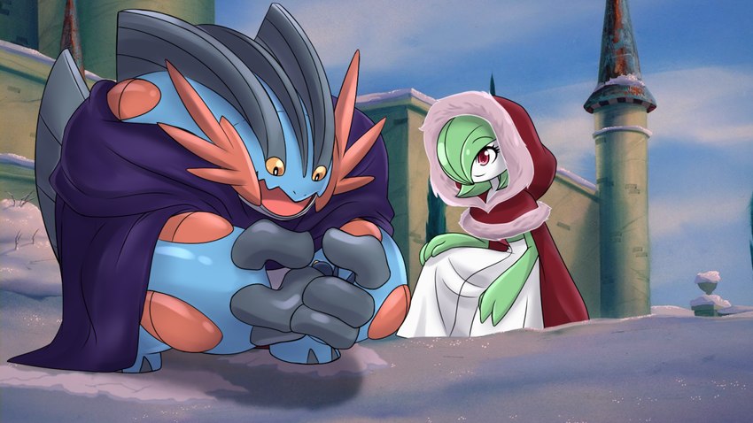 anthro blue_body clothed clothing duo female green_hair hair larger_male male male/female open_mouth red_hood size_difference smaller_female snow tower white_body mgx0 beauty_and_the_beast nintendo pokemon gardevoir generation_3_pokemon generation_6_pokemon mega_evolution mega_swampert pokemon_(species) taillow 16:9 widescreen