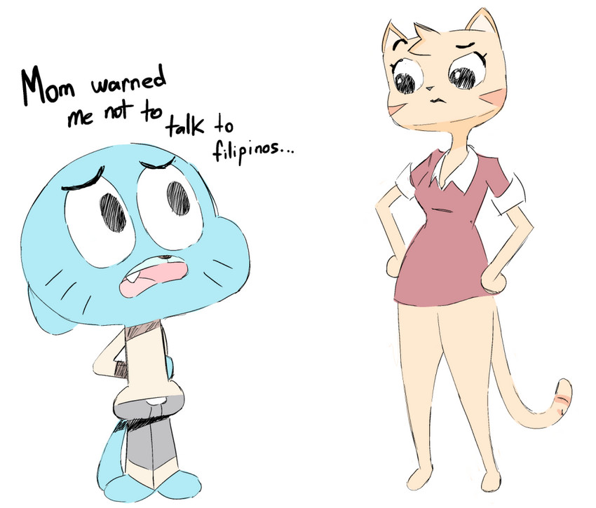 anthro clothed clothing dialogue duo eye_contact eyebrows female filipino hand_behind_back hands_on_hips humor looking_at_another male male/female nervous raised_eyebrow simple_background text worried_look general_proton cartoon_network hayop_ka! the_amazing_world_of_gumball gumball_watterson nimfa_dimaano domestic_cat felid feline felis humanoid mammal colored digital_media_(artwork) english_text