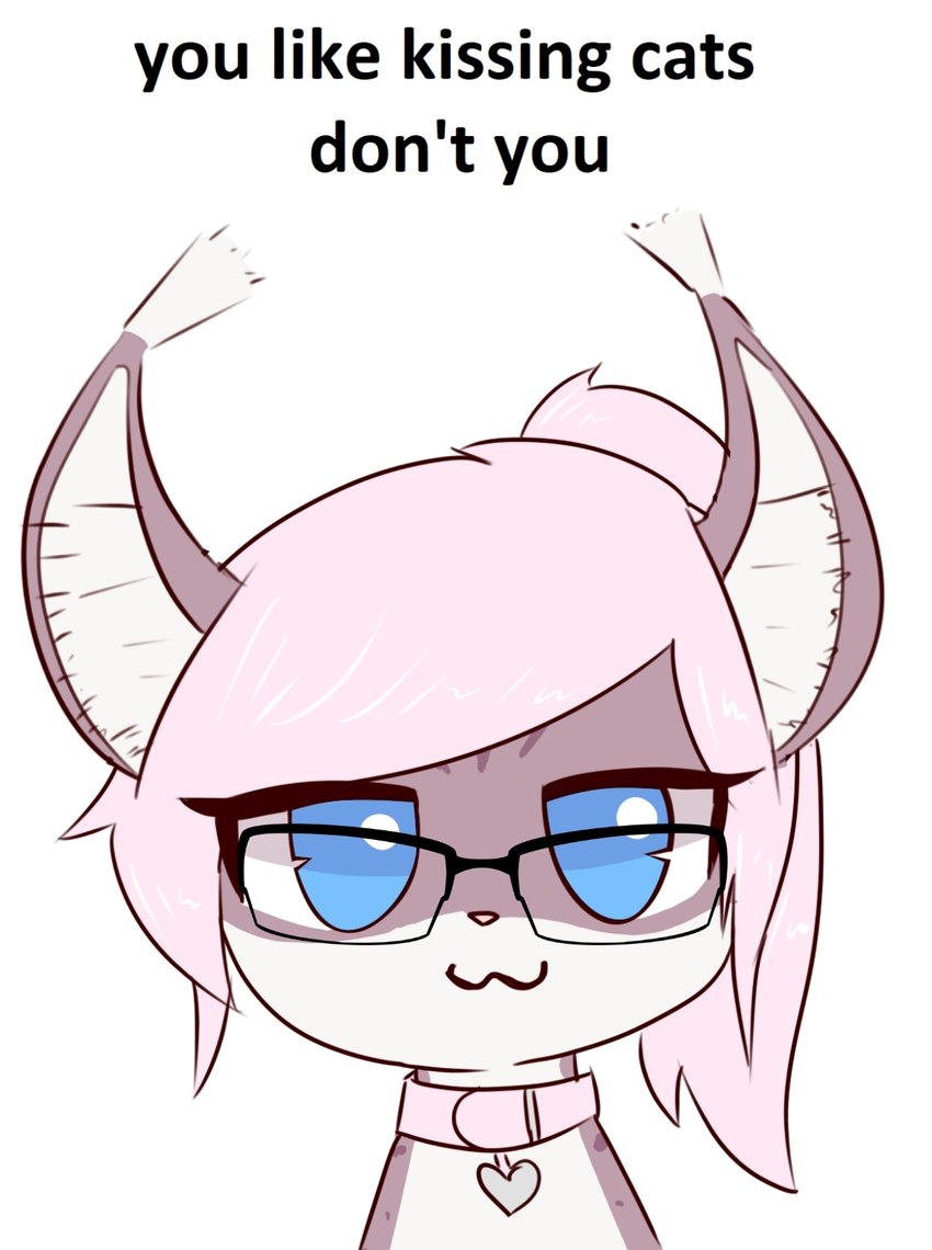 anthro blue_eyes collar ear_tassles eyewear female fur glasses hair heart_collar looking_at_viewer pink_collar pink_hair solo tan_body tan_fur text uwu white_body white_fur fluorite boy_kisser_(meme) blue_eyed_pink_haired_female_cat_(fluorite) domestic_cat felid feline felis mammal english_text hi_res meme