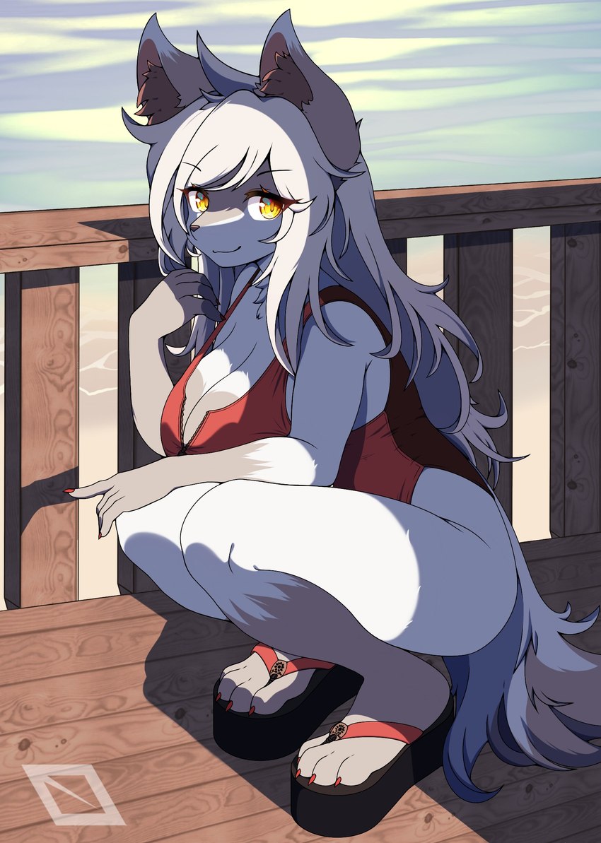 4_toes anthro beach big_breasts breasts brown_body brown_fur claws cleavage clothed clothing crouching dipstick_ears dipstick_tail ear_markings eyebrow_through_hair eyebrows eyelashes feet female fluffy fluffy_tail footwear fur gloves_(marking) grey_body grey_fur hair hindpaw inner_ear_fluff kemono leg_markings long_hair looking_at_viewer markings multicolored_ears one-piece_swimsuit outside paws plantigrade platform_footwear platform_sandals platform_shoes sandals seaside shadow shoes smile smiling_at_viewer socks_(marking) solo swimwear tail tail_markings toe_claws toeless_footwear toes translucent translucent_hair tuft white_body white_fur white_hair yellow_eyes aezirfest canid canine fox mammal 2023 hi_res