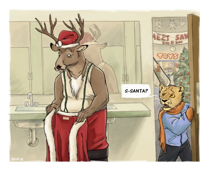 anthro bathroom border caught_in_the_act clothing dialogue duo fur holidays male mall public_restroom surprise text undressing white_border young young_anthro kobb kobbers christmas santa_claus deer felid lion mammal new_world_deer pantherine reindeer 2008 english_text