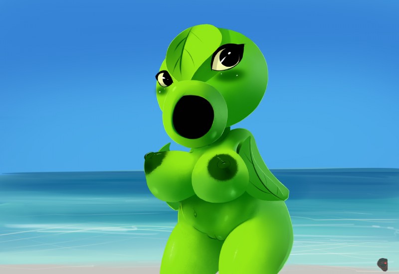 beach big_breasts blush breasts eyelashes female genitals navel nipples not_furry nude outside plant pussy seaside solo wide_hips mrdoccon electronic_arts plants_vs._zombies plants_vs._zombies_heroes popcap_games elemental_creature flora_fauna humanoid peashooter_(pvz)