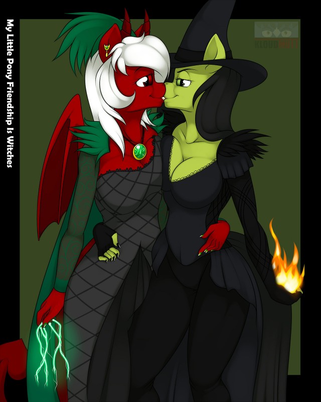 anthro breast_squish breasts breasts_frottage clothing dress duo ear_piercing electricity female female/female fire green_body green_skin hair hat headgear headwear horn jewelry kissing lightning long_hair magic magic_user membrane_(anatomy) membranous_wings necklace piercing smile squish tail tongue white_wig wings kloudmutt hasbro my_little_pony mythology oz_the_great_and_powerful the_wonderful_wizard_of_oz chilly_pepper nila nilapony dragon equid equine horse mammal mythological_creature mythological_scalie scalie 4:5 digital_media_(artwork) hi_res