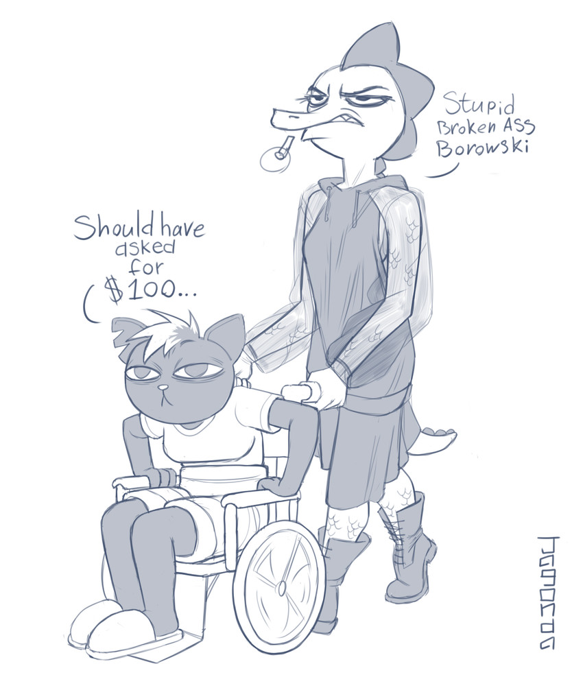 annoyed anthro cigarette clothing duo female footwear humor pushing_wheelchair shoes slippers text vehicle wheelchair jagonda night_in_the_woods bea_santello mae_borowski crocodile crocodilian domestic_cat felid feline felis mammal reptile scalie 2020 blue_and_white english_text hi_res monochrome