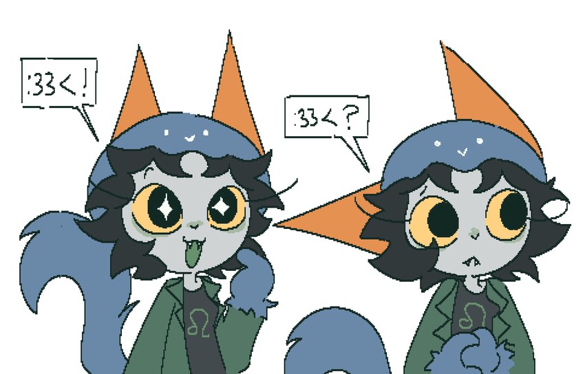 2_horns :3 big_pupils black_clothing black_hair black_shirt black_topwear blue_body blue_clothing blue_fur blue_hat blue_headwear blue_tail breasts clothed clothing coat confusion cute_fangs ear_horn emoticon excited eyebrows eyelashes fake_paws fangs female fur gesture green_clothing green_coat green_mouth green_topwear grey_body grey_skin hair hand_gesture hat headgear headwear horn medium_breasts open_:3 open_mouth orange_horn pleading_eyes pointing pointing_at_self pupils shirt simple_background solo speech_bubble tail teeth topwear white_background yellow_sclera quackburself homestuck ms_paint_adventures nepeta_leijon alien alien_humanoid animal_humanoid cat_humanoid felid felid_humanoid feline feline_humanoid horned_humanoid humanoid mammal mammal_humanoid troll_(homestuck)