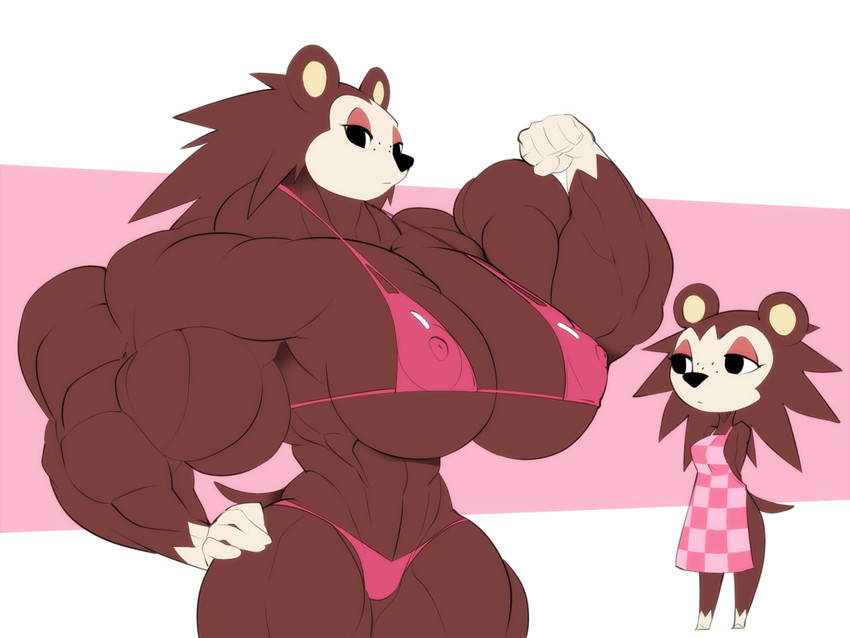 anthro apron apron_only big_muscles bikini brown_body brown_fur clothing curvy_figure female flexing fur hand_on_hip huge_muscles hyper hyper_muscles micro_bikini mostly_nude muscular muscular_anthro muscular_female solo swimwear two-piece_swimsuit ramudey animal_crossing nintendo sable_able eulipotyphlan hedgehog mammal 4:3 hi_res