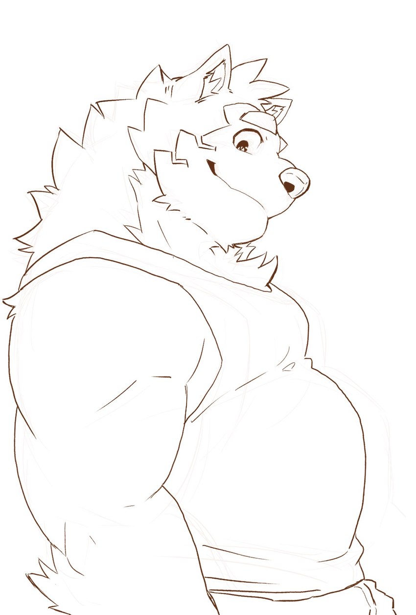 anthro belly clothing eyebrows male musclegut muscular shirt side_view smile solo tank_top thick_eyebrows topwear heylaw21 lifewonders live_a_hero mokdai canid canine canis domestic_dog mammal hi_res monochrome