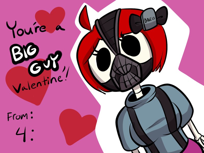 baneposting bone breasts eyelashes female hair heart_symbol holidays mask monster_girl_(genre) not_furry red_hair skeleton solo text anaugi batman_(series) dc_comics monster_girl_gamu the_dark_knight_rises_(movie) valentine's_day bane_(dc) skelly animated_skeleton humanoid undead 4:3 english_text hi_res meme