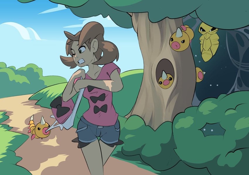 ambiguous_gender bottomwear breasts brown_hair clenched_teeth clothing collarbone female feral hair handbag looking_back one_eye_closed outside plant shirt shorts shrub teeth topwear tree blazera nintendo pokemon shauna_(pokemon) generation_1_pokemon human kakuna mammal pokemon_(species) weedle 2023 hi_res