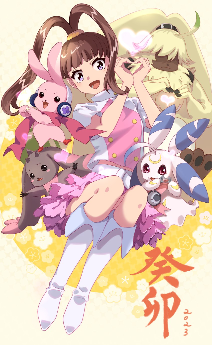 anthro brown_hair female fur gesture group hair hair_over_eyes heart_gesture heart_symbol long_ears male midriff ponytail_ears yellow_body yellow_fur sanadamakomi bandai_namco chinese_zodiac digimon digimon_ghost_game digimon_xros_wars new_year_2023 year_of_the_rabbit nene_amano angoramon cutemon digimon_(species) human lagomorph leporid lopmon lunamon mammal rabbit absurd_res hi_res