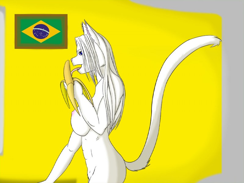 anthro banana big_breasts brazilian_flag breasts female food food_fetish fruit fur hair happy heart_symbol plant side_view solo suggestive suggestive_food white_body white_fur white_hair gtoyaannno mericella domestic_cat felid feline felis mammal