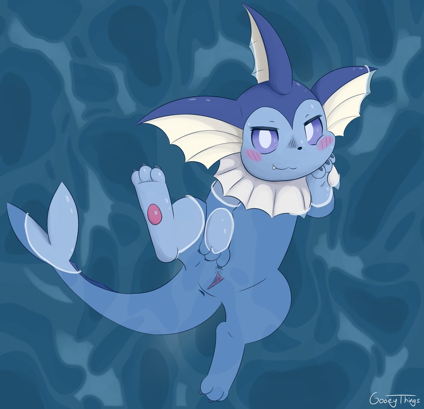 anus blue_eyes blush blush_lines claws feet female feral foot_focus genitals hand_on_cheek looking_at_viewer partially_submerged pawpads paws pussy snaggle_tooth soles solo spread_pussy spreading swimming tail toes water gooeythings nintendo pokemon eeveelution generation_1_pokemon pokemon_(species) vaporeon absurd_res hi_res