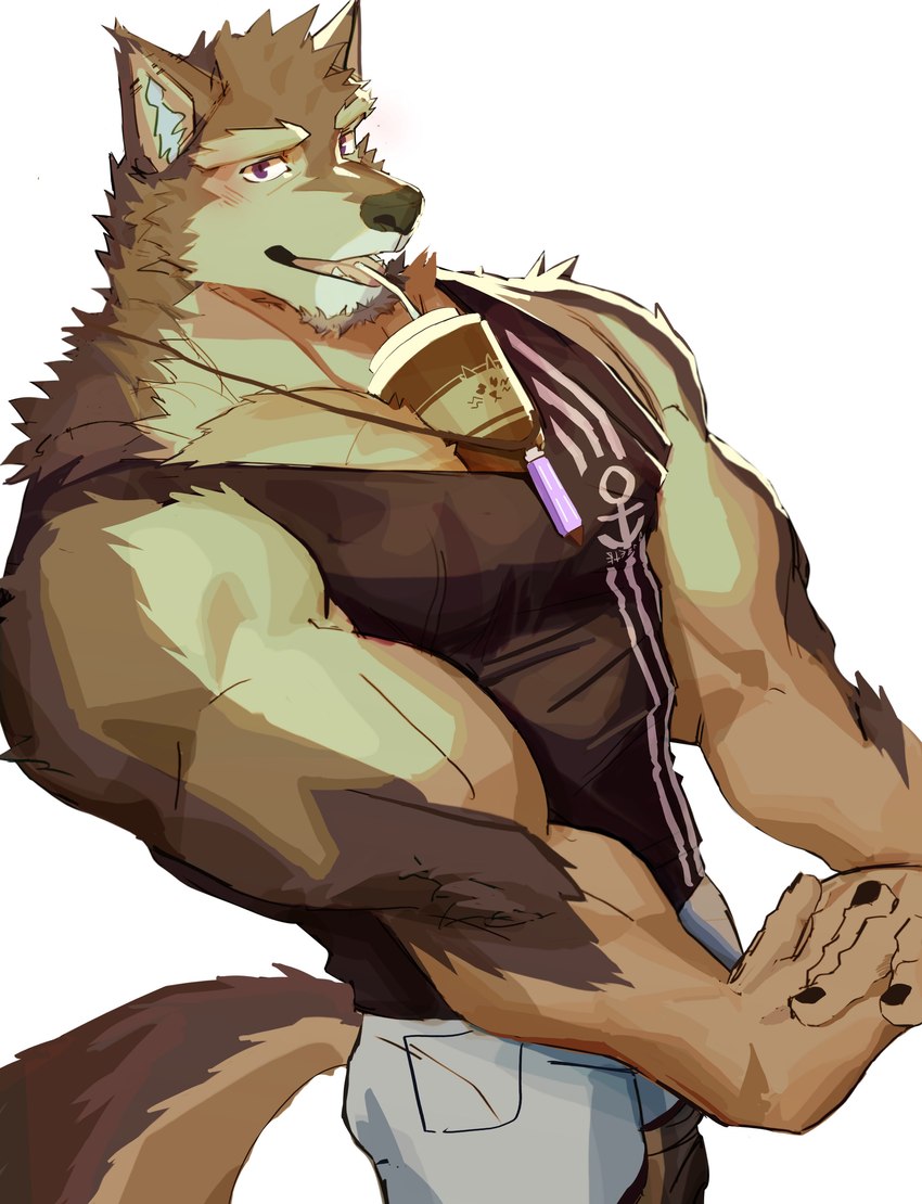 anthro beverage biceps blush brown_body brown_fur clothing coffee coffee_cup container crystal cup drinking drinking_straw fur jewelry male muscular muscular_anthro muscular_male necklace pecs shirt solo tank_top topwear tokuni lifewonders live_a_hero pubraseer canid canine canis domestic_dog mammal absurd_res hi_res