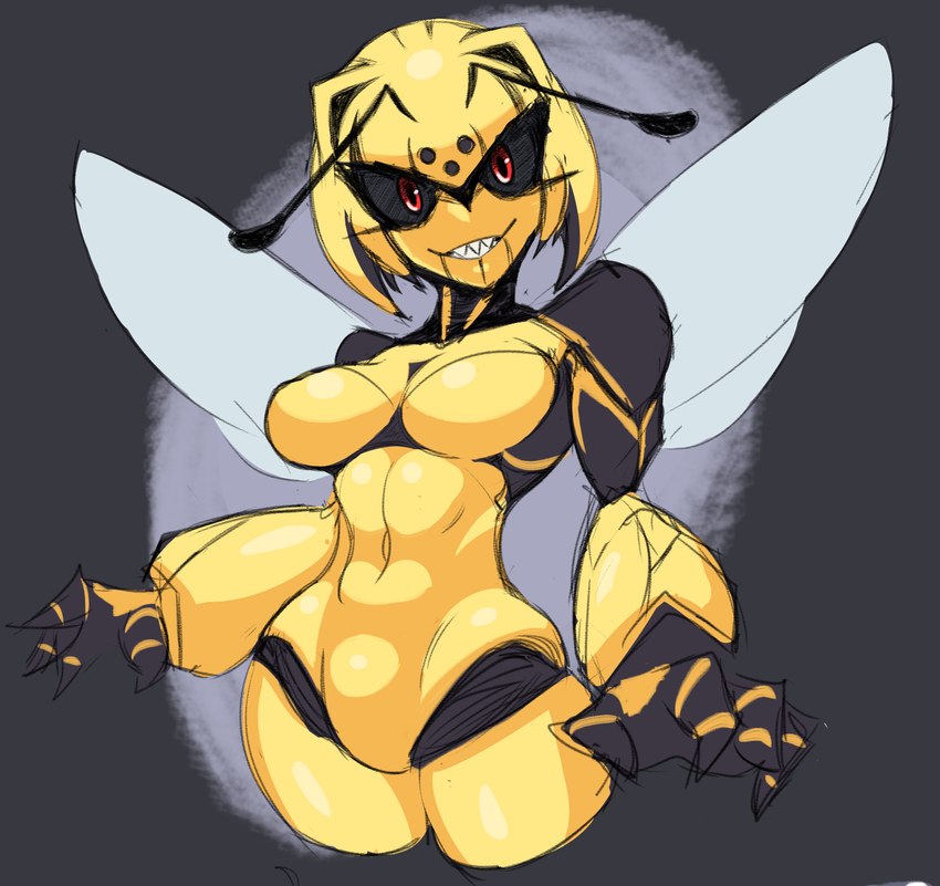 4_fingers abs antennae_(anatomy) anthro blonde_hair breasts dark_sclera featureless_breasts female fingers front_view grey_background hair insect_wings monster_girl_(genre) multicolored_body narrowed_eyes navel non-mammal_breasts red_eyes sharp_teeth simple_background small_waist smile solo teeth two_tone_body wings yellow_body chef_(artist) arthropod hornet hymenopteran insect vespid wasp 2019 digital_drawing_(artwork) digital_media_(artwork) half-length_portrait hi_res portrait