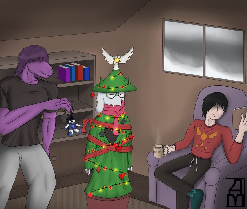 anthro book clothed clothing eyewear female fur glasses group hair hat headgear headwear holidays male scarf snow daxm christmas deltarune undertale_(series) kris_(deltarune) lancer_(deltarune) ralsei susie_(deltarune) bovid caprine darkner dinosaur goat human mammal monster prehistoric_species reptile scalie signature