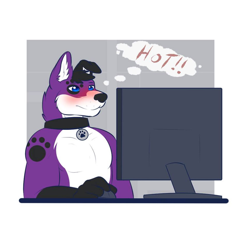 anthro blue_eyes blush browsing collar collar_tag computer computer_monitor electronics footprint fur male markings pawprint pawprint_(marking) purple_body purple_fur solo speech_bubble kamelotnoah pawalo canid canine canis domestic_dog elkhound mammal spitz 1:1