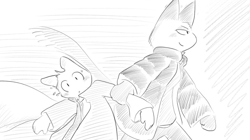 anthro arm_grab blush bodily_fluids bottomwear clothing coat determined dragging dress_shirt duo female jacket male pants puffy_jacket shirt sweat tail topwear walking dragonweirdo animal_crossing nintendo marshal_(animal_crossing) olivia_(animal_crossing) felid feline mammal rodent sciurid tree_squirrel 16:9 hi_res monochrome widescreen