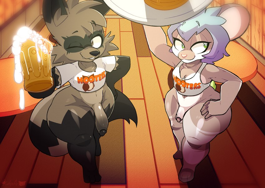 alcohol anthro beer beverage clothed clothing duo erection femboy genitals hooters_uniform male partially_clothed penis shirt small_penis smile tail tank_top text text_on_clothing text_on_shirt text_on_tank_top text_on_topwear thick_thighs topwear wide_hipped_anthro wide_hipped_male wide_hips femboy_hooters hooters jinx(racc4hire) mammal mouse murid murine procyonid raccoon rodent absurd_res hi_res