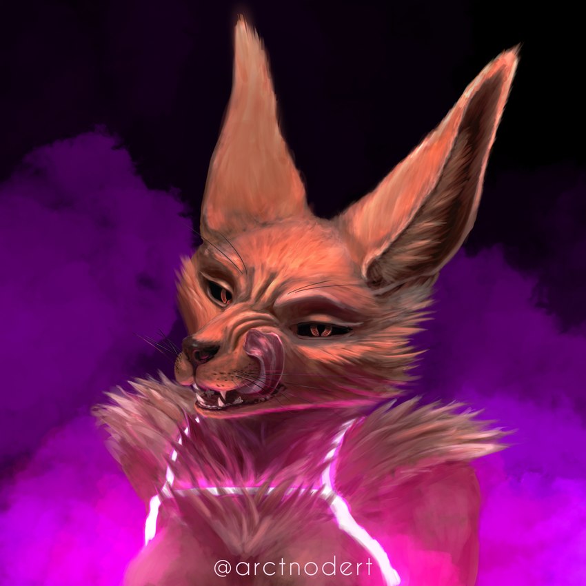 anthro bandage bdsm bondage bound cybernetics female glowing machine purple_smoke restraints rope rope_bondage simple_background smoke solo tongue arctil arctil-noddedur shibary canid canine cyborg fox mammal 1:1 absurd_res hi_res