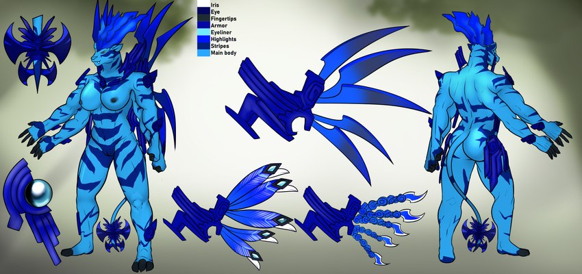 3_toes 4_arms 5_fingers abs anthro armor blade blue_body blue_eyes blue_pussy blue_stripes breasts butt eyeliner fangs feathered_wings feathers feet female fingers front_view gem genitals makeup markings multi_arm multi_limb nipples pussy rear_view solo stripes tail tail_blade teeth text toes weapon_tail wings franubis disney spectrobes felid leopard mammal pantherine rydrake spectrobe absurd_res english_text hi_res model_sheet