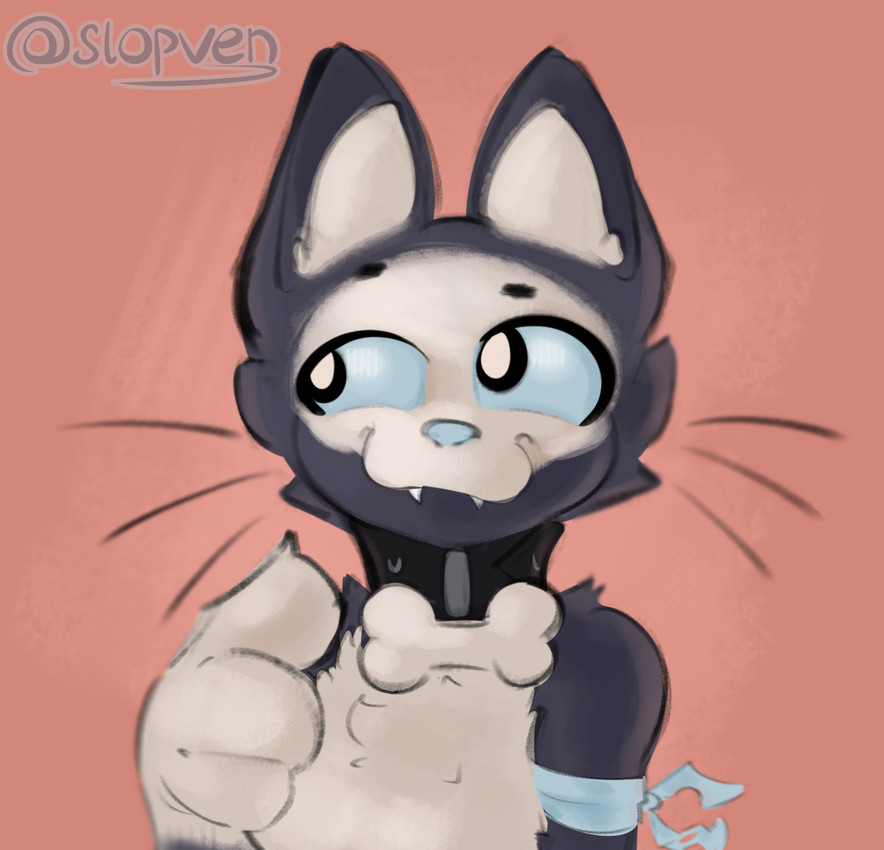 ambiguous_gender anthro black_arms black_body black_collar black_eyes black_fur black_head blue_sclera bone bone_collar chest_tuft collar fangs fur pupils simple_background solo teeth tuft whiskers white_body white_chest white_face white_fur white_hands white_inner_ear white_paws white_pupils serven marrow_(serven) domestic_cat felid feline felis mammal bust_portrait digital_drawing_(artwork) digital_media_(artwork) hi_res portrait signature male_(lore)
