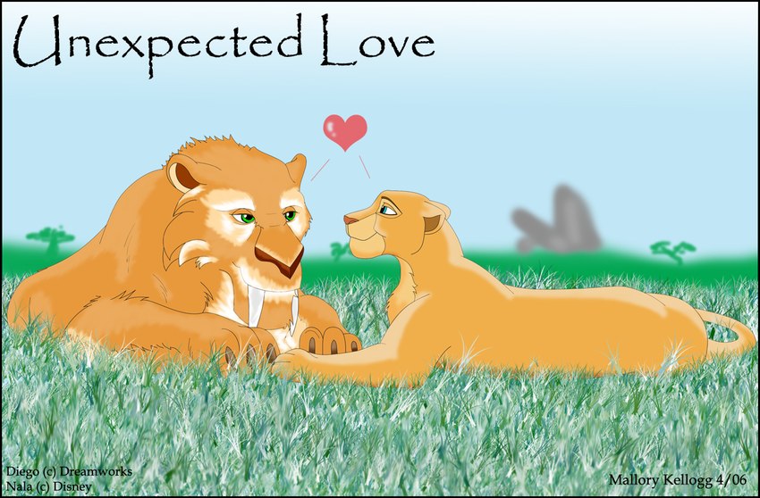 duo eye_contact female feral grass heart_symbol looking_at_another lying male on_front outside plant smile livingangel84 blue_sky_studios disney ice_age_(series) the_lion_king diego_(ice_age) nala_(the_lion_king) felid lion mammal pantherine prehistoric_species saber-toothed_tiger smilodon crossover