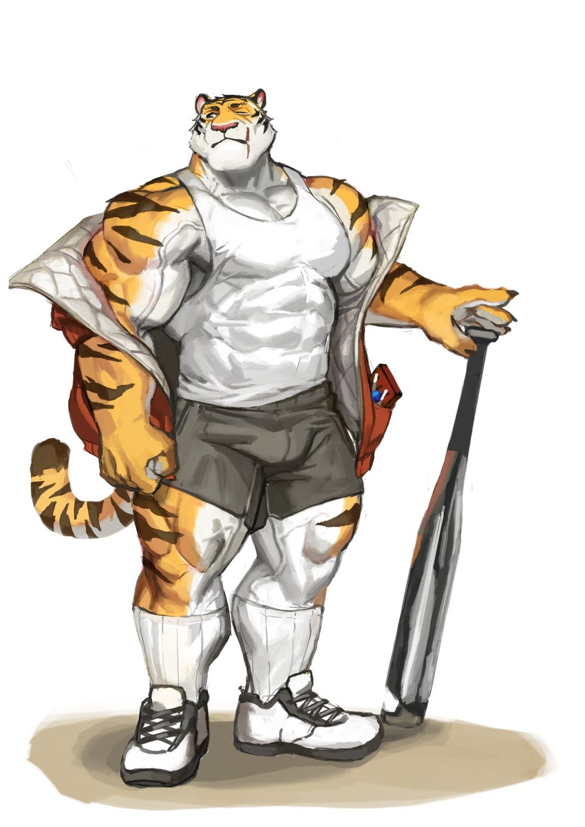 anthro baseball_bat bat_(object) clothed clothing footwear fur male muscular muscular_anthro muscular_male scar shoes socks solo striped_body striped_fur stripes vein veiny_muscles white_clothing white_footwear white_socks traver009 coach_ho felid mammal pantherine tiger absurd_res hi_res