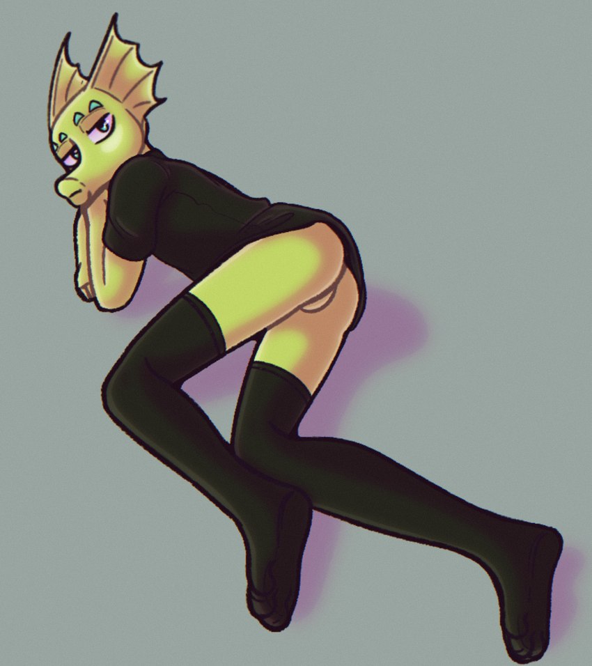 anthro ass_out black_clothing bored butt clothing ear_fins fin green_body green_eyes green_skin leggings legwear long_snout looking_at_viewer male presenting presenting_hindquarters shirt snout solo t-shirt topwear solarlewds supercell_(comic) vrilen_(supercell) digital_drawing_(artwork) digital_media_(artwork) hi_res