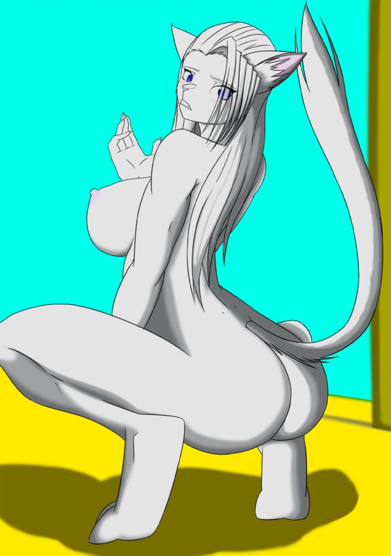 anthro big_breasts breasts butt erect_nipples female hair nipples nude solo white_hair gtoyaannno mericella domestic_cat felid feline felis mammal hi_res