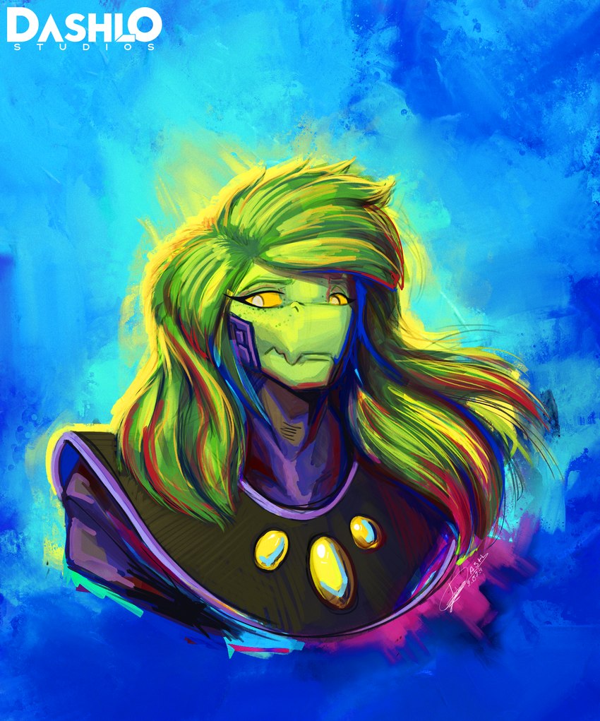 abstract_background alternate_costume alternate_universe anthro cosplay crossover_cosplay eyelashes female freckled_face freckles green_body green_hair green_scales grey_eyes hair long_hair looking_at_viewer scales solo text yellow_sclera dashlostudios cavemanon_studios i_wani_hug_that_gator loki_(tv_series) marvel kang_the_conqueror olivia_halford baryonyx dinosaur prehistoric_species reptile scalie spinosaurid theropod 2024 artist_name crossover dated digital_drawing_(artwork) digital_media_(artwork) headshot_portrait hi_res portrait signature watermark