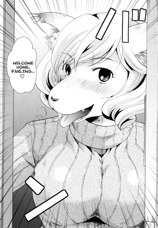 anthro big_breasts blush breasts clothed clothing eyelashes fangs female fully_clothed fur hair heart_symbol huge_breasts kemono looking_at_viewer open_mouth snout solo teeth text tongue tongue_out itou_ei canid canine canis domestic_dog mammal comic english_text greyscale hi_res monochrome