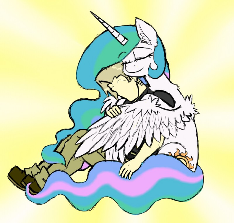 blonde_hair clothing cutie_mark duo eyes_closed feathered_wings feathers female feral hair horn hug male multicolored_hair simple_background sitting wings ichibangravity friendship_is_magic hasbro my_little_pony mythology princess_celestia_(mlp) equid equine human mammal mythological_creature mythological_equine winged_unicorn 2014