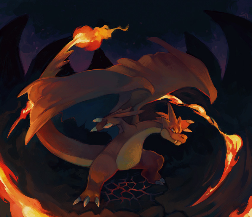 ambiguous_gender claws fire membrane_(anatomy) membranous_wings night solo wings salanchu nintendo pokemon generation_6_pokemon mega_charizard mega_charizard_y mega_evolution pokemon_(species) 2018 digital_media_(artwork) digital_painting_(artwork)