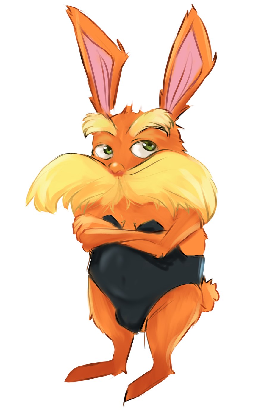 big_mustache bunny_costume clothing costume crossed_arms eyebrows green_eyes leotard looking_aside male orange_body rabbit_ears simple_background solo standing thick_eyebrows tight_clothing what white_background unknown_artist dr._seuss the_lorax lorax unknown_species 2024 digital_drawing_(artwork) digital_media_(artwork) hi_res