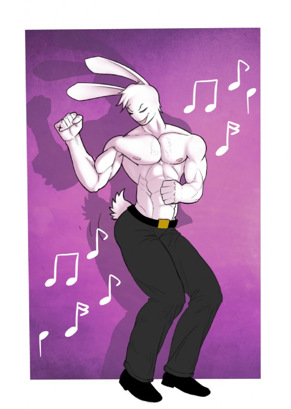 abs anthro belt biceps black_bottomwear black_clothing bottomwear clothed clothing dancing footwear fur male muscular muscular_anthro muscular_male nipples obliques open_mouth pants pecs pink_nipples shoes smile solo standing topless triceps white_body white_fur bulletfang william_(bulletfang) lagomorph mammal hi_res