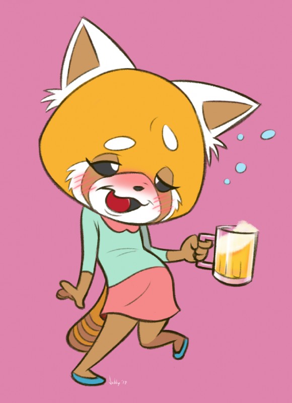 alcohol beer beverage black_sclera blush bottomwear clothed clothing container cup drunk eyebrows female footwear half-closed_eyes narrowed_eyes open_mouth pencil_skirt pink_background raised_eyebrow shirt shoes simple_background skirt smile solo standing substance_intoxication topwear white_eyes jobbythehong aggretsuko sanrio retsuko ailurid mammal red_panda 2018 full-length_portrait hi_res portrait signature